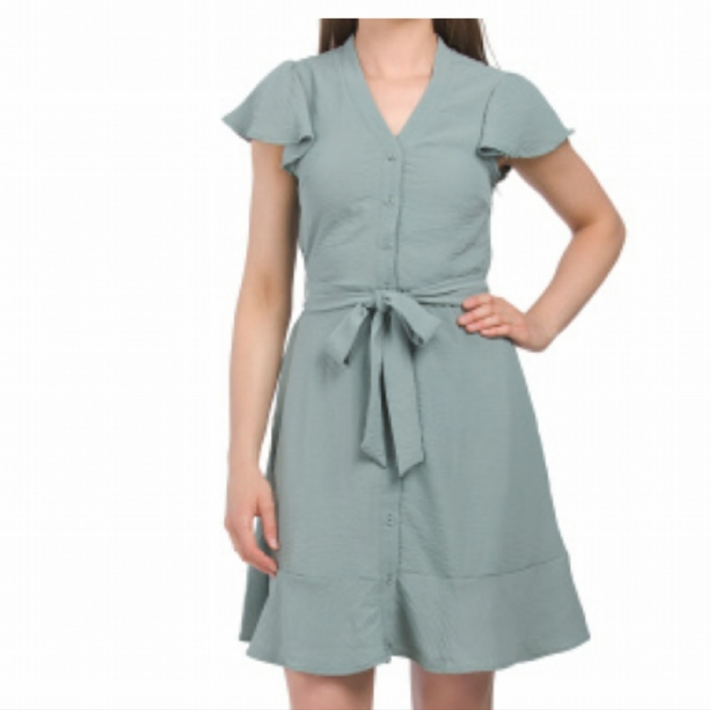 Lucky Brand Wavy Crepe Flutter Sleeve Shirt Mini Dress Size Medium